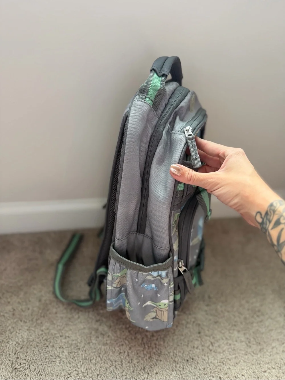 Pottery Barn Kids Gray Backpack with Green Accent Straps featuring Grogu Print